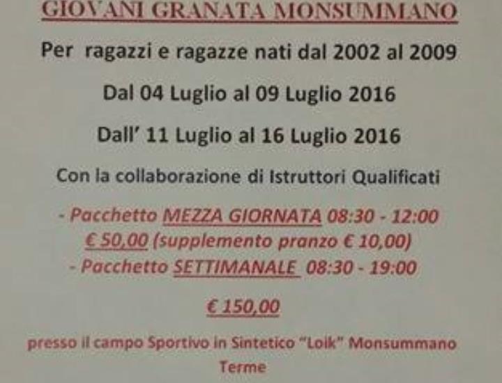 L'Asd Giovani Granata Monsummano organizza il primo Summer Camp Day 2016